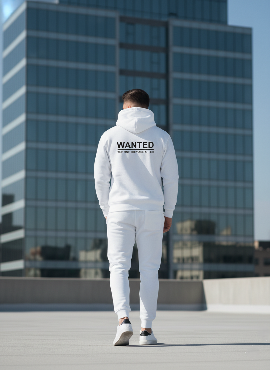 Person wearing a white 'WANTED' hoodie and pants on a rooftop with skyscrapers in the background